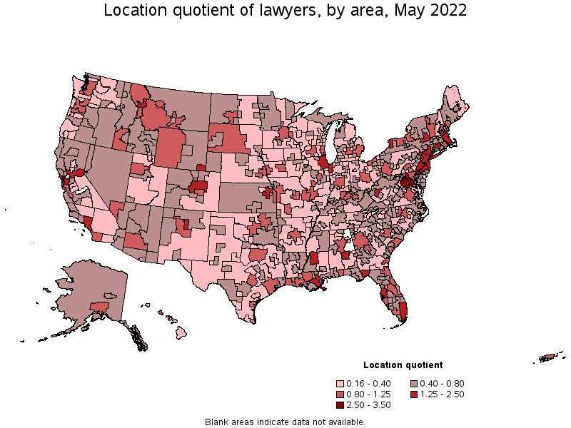 Map of location quotient of lawyers by area, May 2022