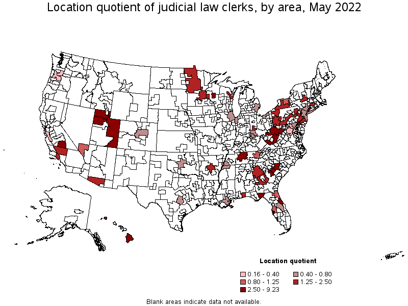 Map of location quotient of judicial law clerks by area, May 2022