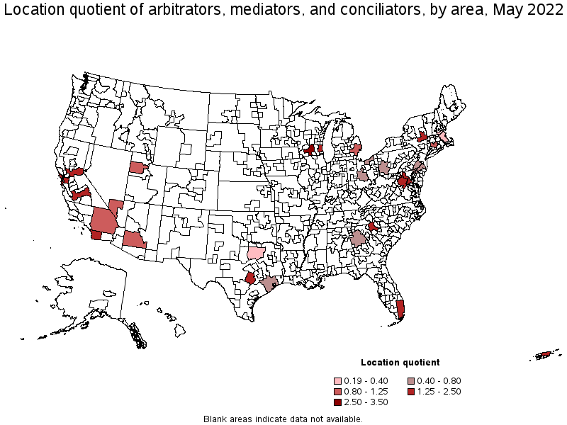 Map of location quotient of arbitrators, mediators, and conciliators by area, May 2022