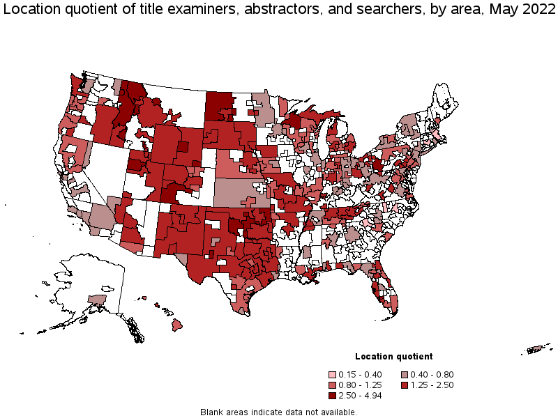 Map of location quotient of title examiners, abstractors, and searchers by area, May 2022