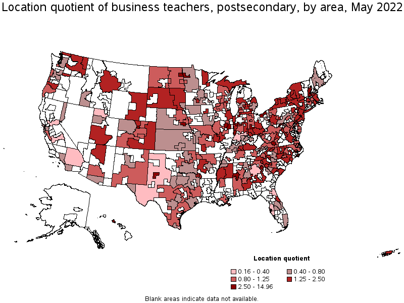 Map of location quotient of business teachers, postsecondary by area, May 2022