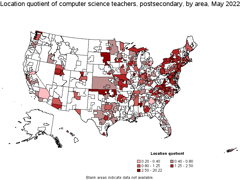 Map of location quotient of computer science teachers, postsecondary by area, May 2022