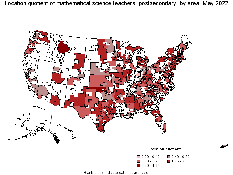 Map of location quotient of mathematical science teachers, postsecondary by area, May 2022