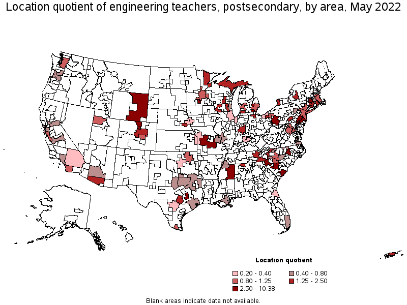 Map of location quotient of engineering teachers, postsecondary by area, May 2022