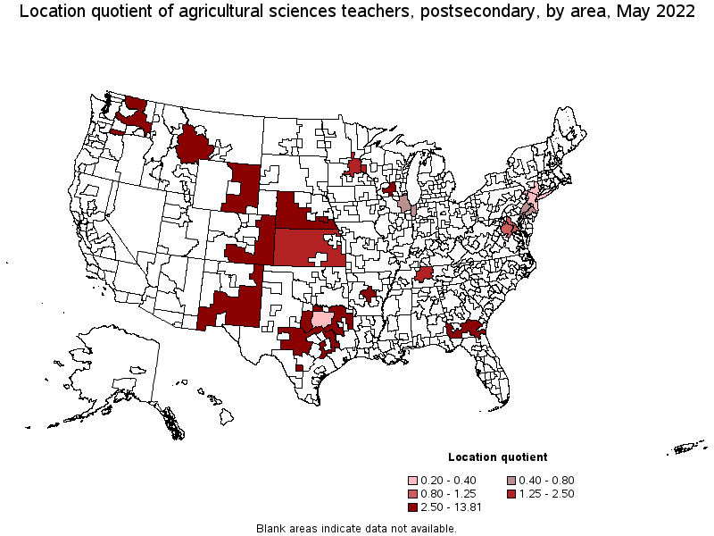 Map of location quotient of agricultural sciences teachers, postsecondary by area, May 2022