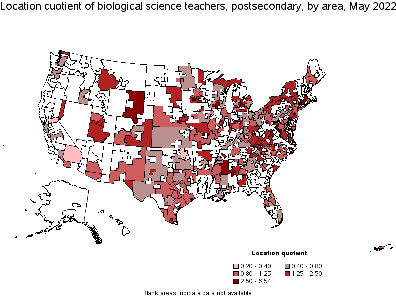 Map of location quotient of biological science teachers, postsecondary by area, May 2022