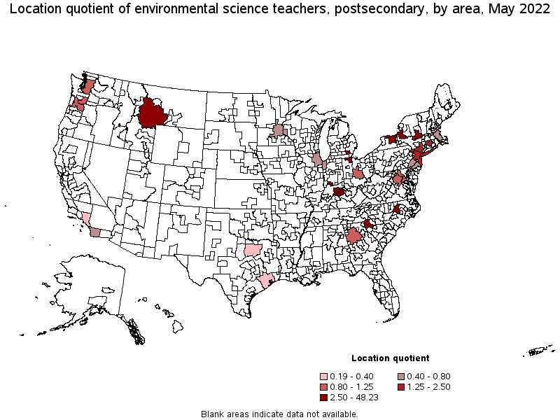 Map of location quotient of environmental science teachers, postsecondary by area, May 2022