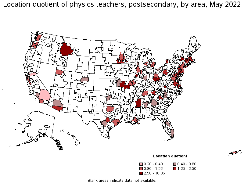 Map of location quotient of physics teachers, postsecondary by area, May 2022