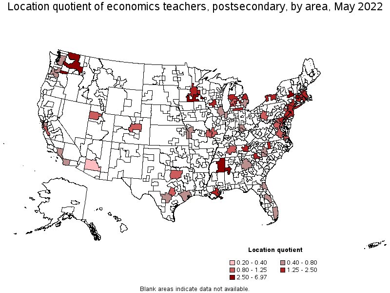 Map of location quotient of economics teachers, postsecondary by area, May 2022