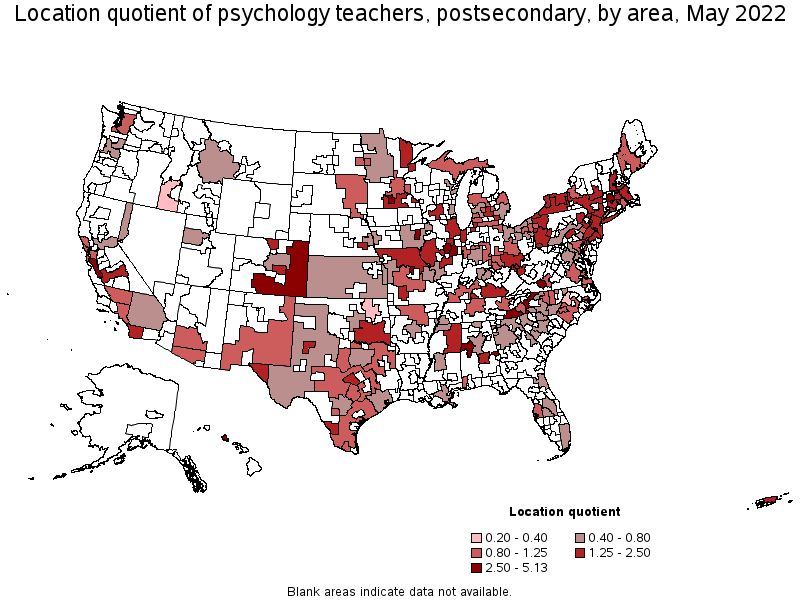Map of location quotient of psychology teachers, postsecondary by area, May 2022