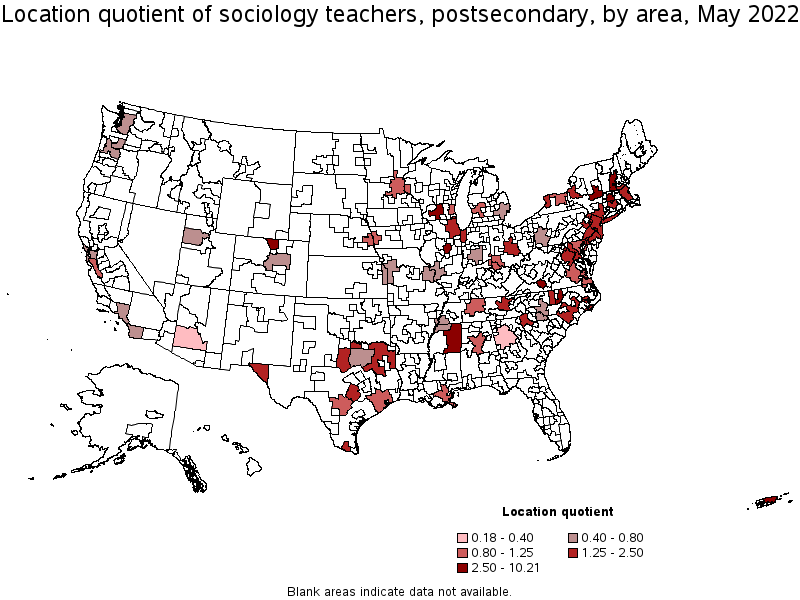 Map of location quotient of sociology teachers, postsecondary by area, May 2022