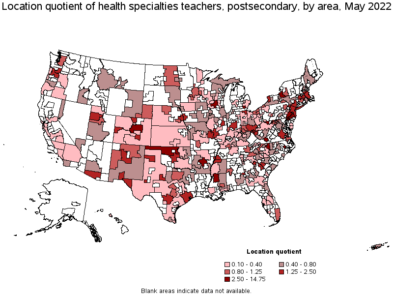 Map of location quotient of health specialties teachers, postsecondary by area, May 2022
