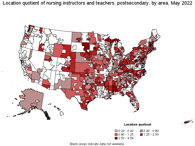 Map of location quotient of nursing instructors and teachers, postsecondary by area, May 2022