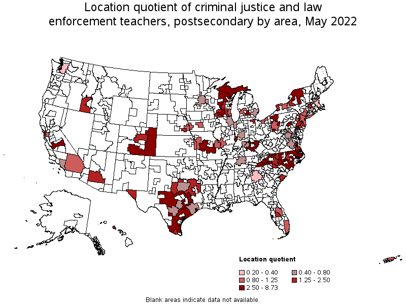 Map of location quotient of criminal justice and law enforcement teachers, postsecondary by area, May 2022