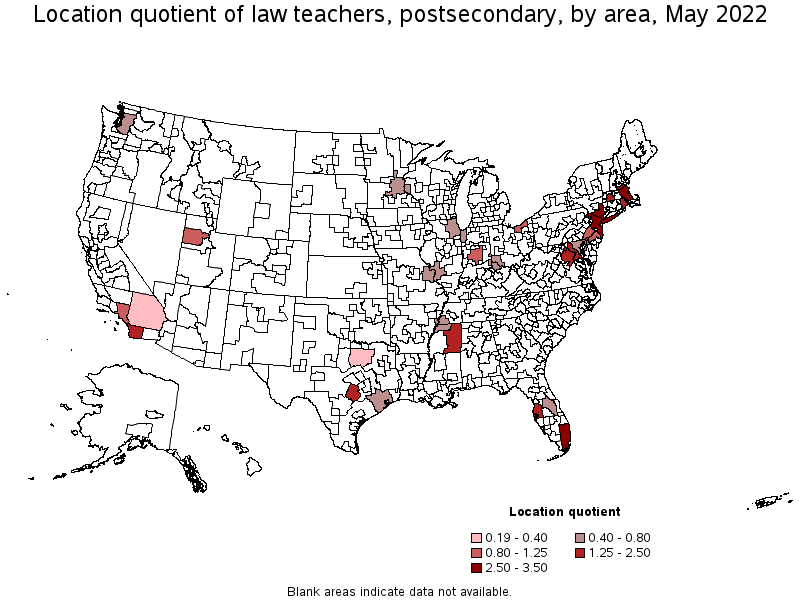 Map of location quotient of law teachers, postsecondary by area, May 2022