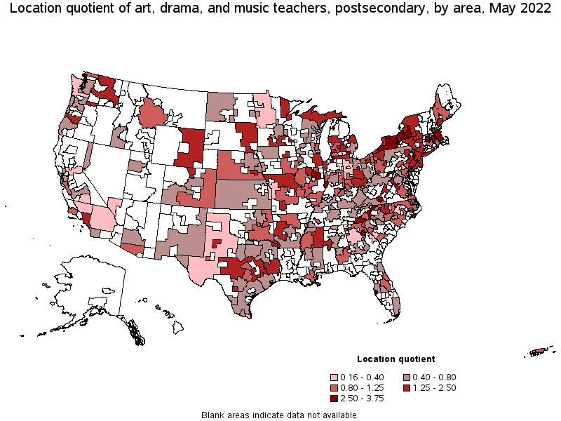 Map of location quotient of art, drama, and music teachers, postsecondary by area, May 2022