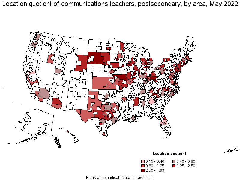Map of location quotient of communications teachers, postsecondary by area, May 2022