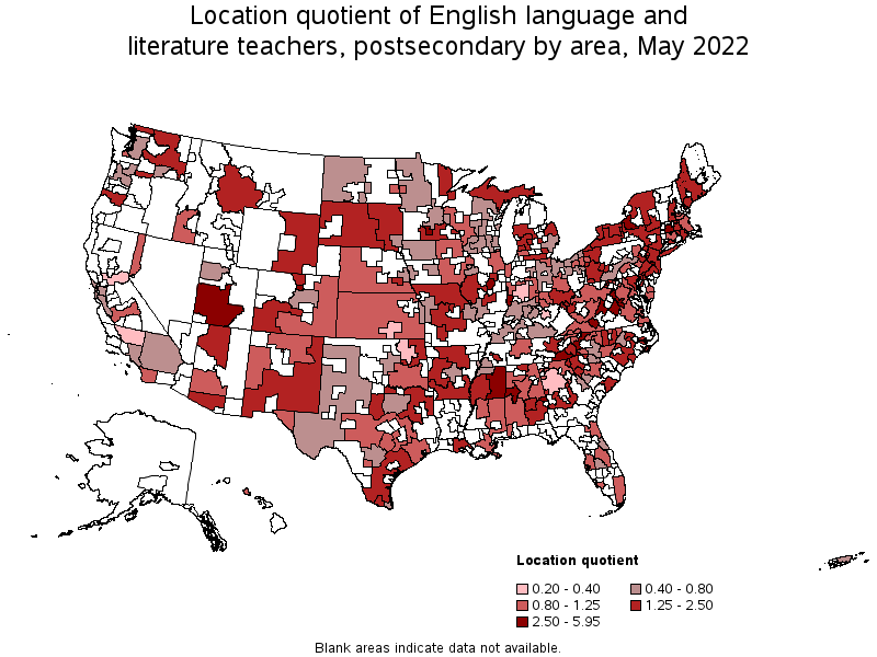Map of location quotient of english language and literature teachers, postsecondary by area, May 2022