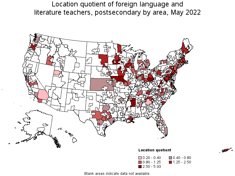 Map of location quotient of foreign language and literature teachers, postsecondary by area, May 2022