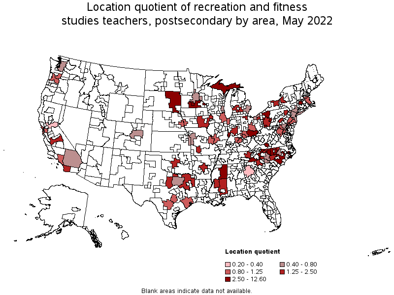 Map of location quotient of recreation and fitness studies teachers, postsecondary by area, May 2022