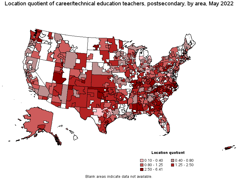 Map of location quotient of career/technical education teachers, postsecondary by area, May 2022