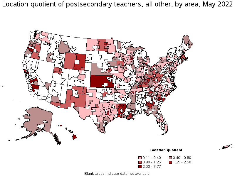 Map of location quotient of postsecondary teachers, all other by area, May 2022