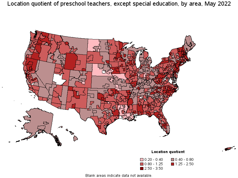 Map of location quotient of preschool teachers, except special education by area, May 2022