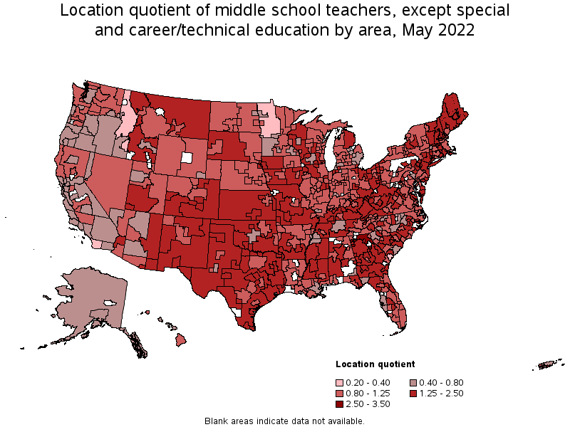 Map of location quotient of middle school teachers, except special and career/technical education by area, May 2022