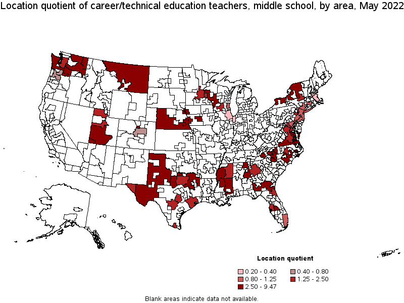 Map of location quotient of career/technical education teachers, middle school by area, May 2022