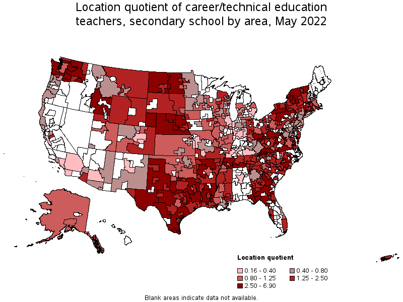 Map of location quotient of career/technical education teachers, secondary school by area, May 2022