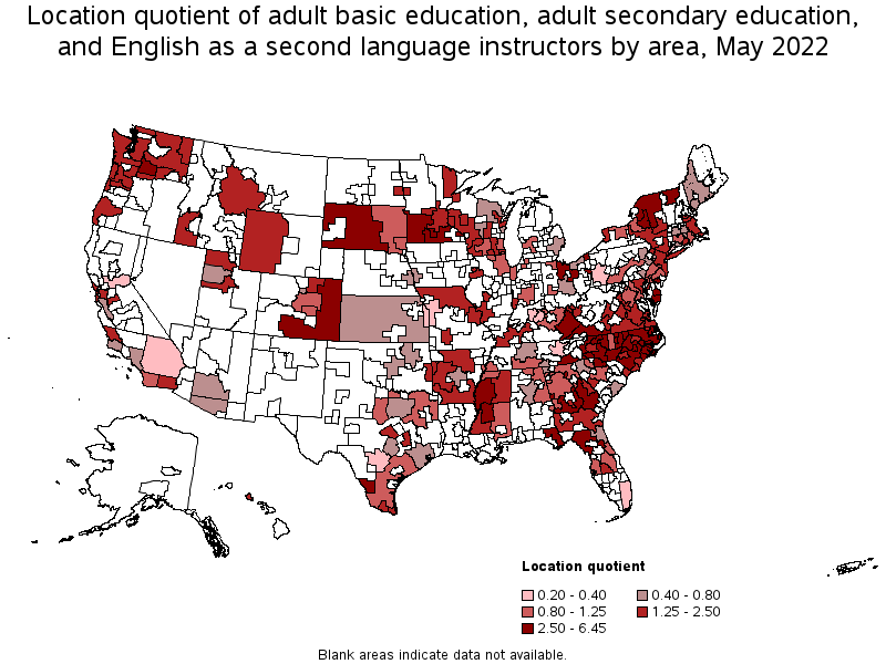 Map of location quotient of adult basic education, adult secondary education, and english as a second language instructors by area, May 2022
