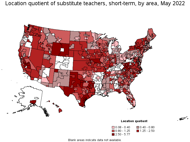 Map of location quotient of substitute teachers, short-term by area, May 2022