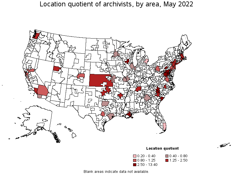 Map of location quotient of archivists by area, May 2022
