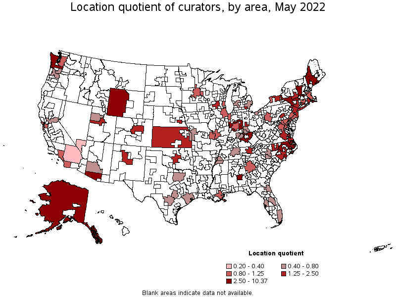 Map of location quotient of curators by area, May 2022
