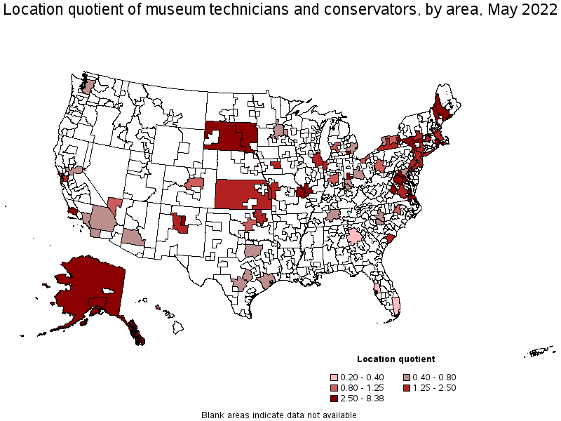 Map of location quotient of museum technicians and conservators by area, May 2022