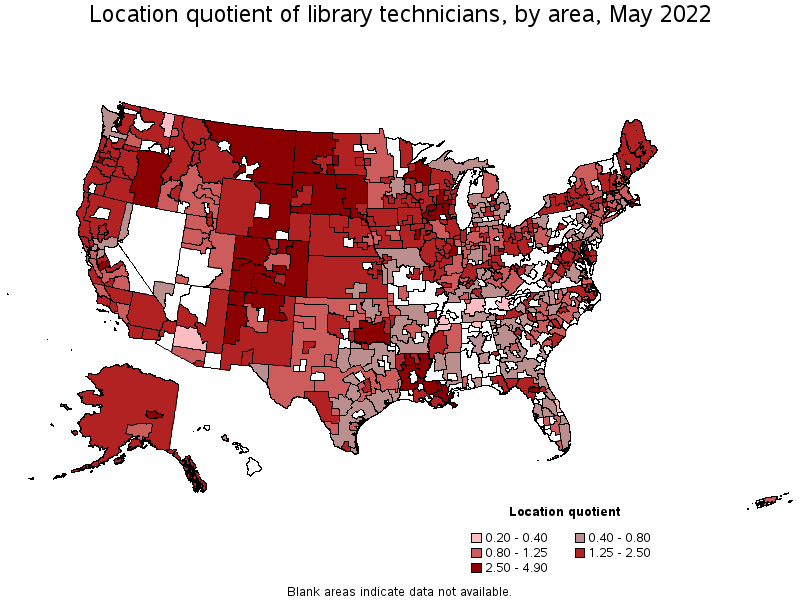 Map of location quotient of library technicians by area, May 2022
