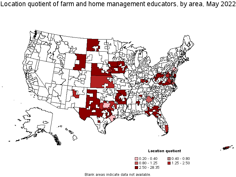 Map of location quotient of farm and home management educators by area, May 2022