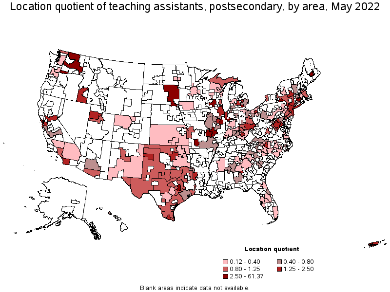 Map of location quotient of teaching assistants, postsecondary by area, May 2022