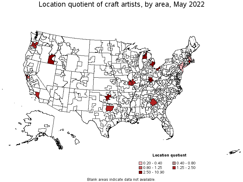 Map of location quotient of craft artists by area, May 2022