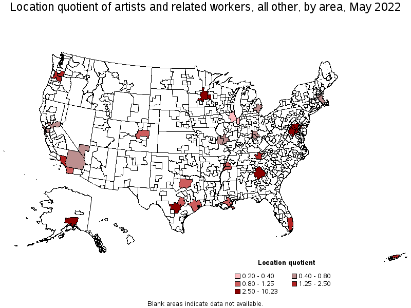 Map of location quotient of artists and related workers, all other by area, May 2022