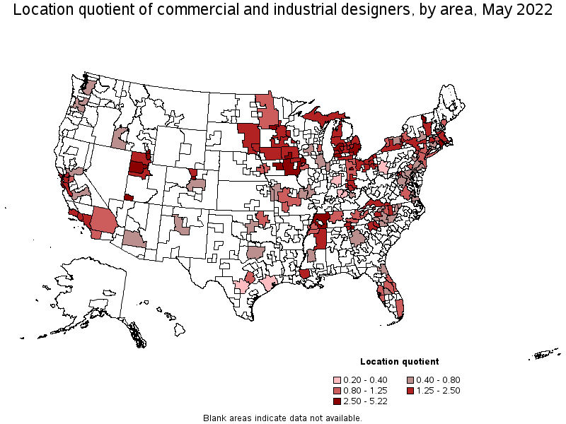 Map of location quotient of commercial and industrial designers by area, May 2022