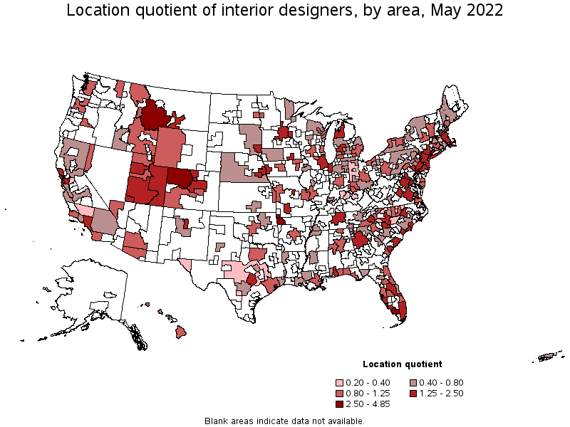 Map of location quotient of interior designers by area, May 2022
