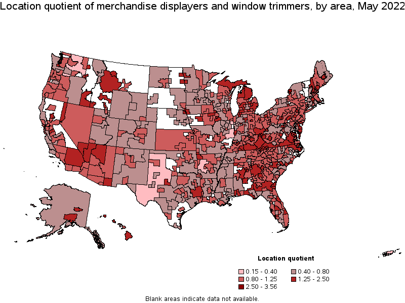 Map of location quotient of merchandise displayers and window trimmers by area, May 2022