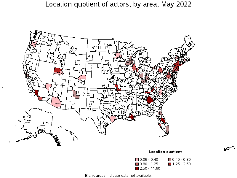 Map of location quotient of actors by area, May 2022