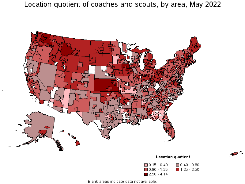 Map of location quotient of coaches and scouts by area, May 2022