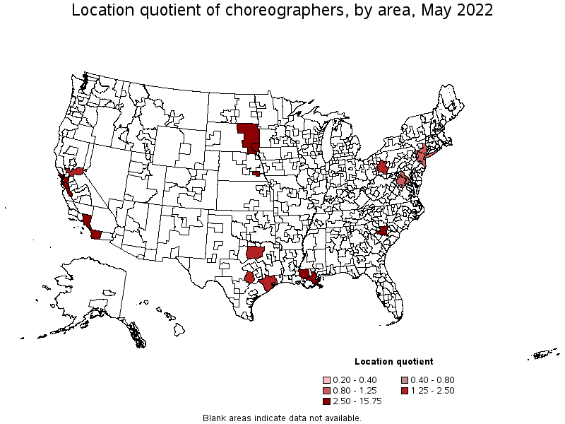 Map of location quotient of choreographers by area, May 2022