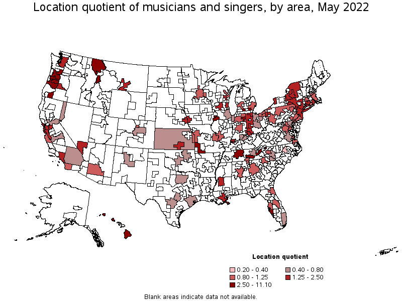 Map of location quotient of musicians and singers by area, May 2022