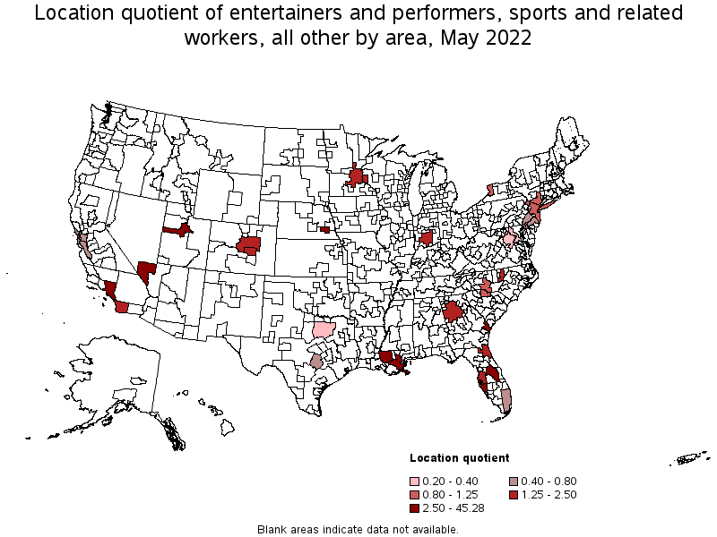 Map of location quotient of entertainers and performers, sports and related workers, all other by area, May 2022