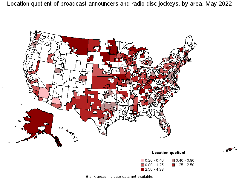 Map of location quotient of broadcast announcers and radio disc jockeys by area, May 2022