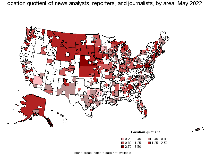 Map of location quotient of news analysts, reporters, and journalists by area, May 2022